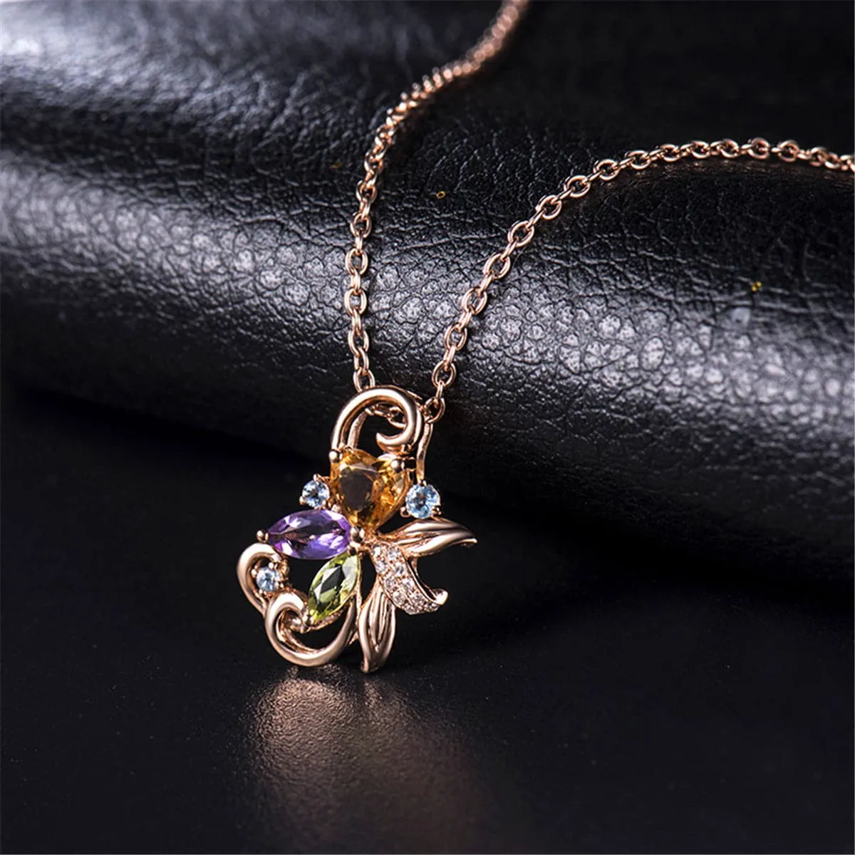 Purple & Orange Crystal Cubic Zirconia Floral Pendant Necklace
