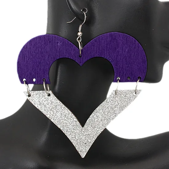 Purple Wooden Linked Heart Glitter Earrings