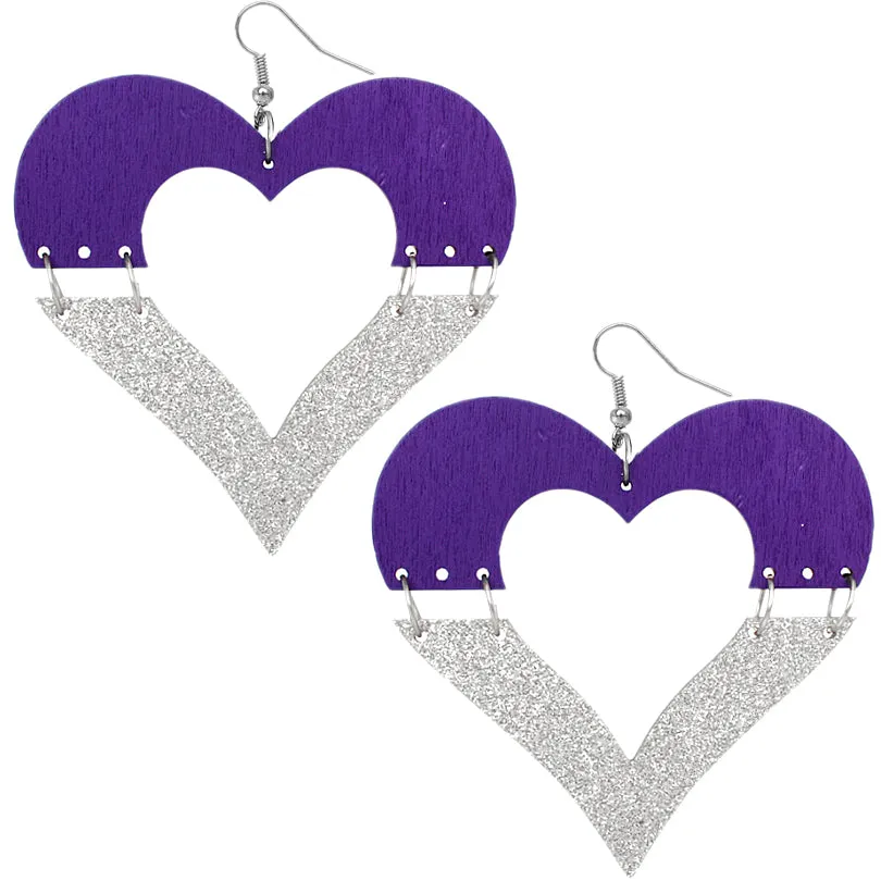 Purple Wooden Linked Heart Glitter Earrings
