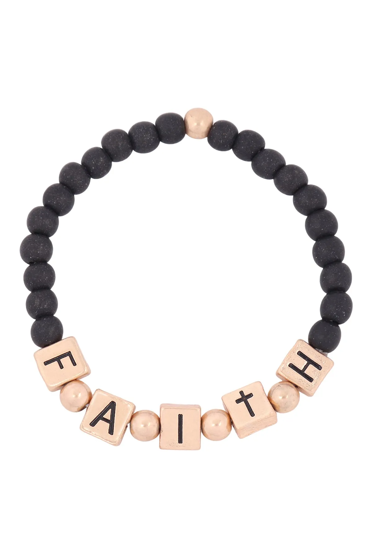 QB2147 - "FAITH" METAL BLOCK NATURAL STONE STRETCH BRACELET