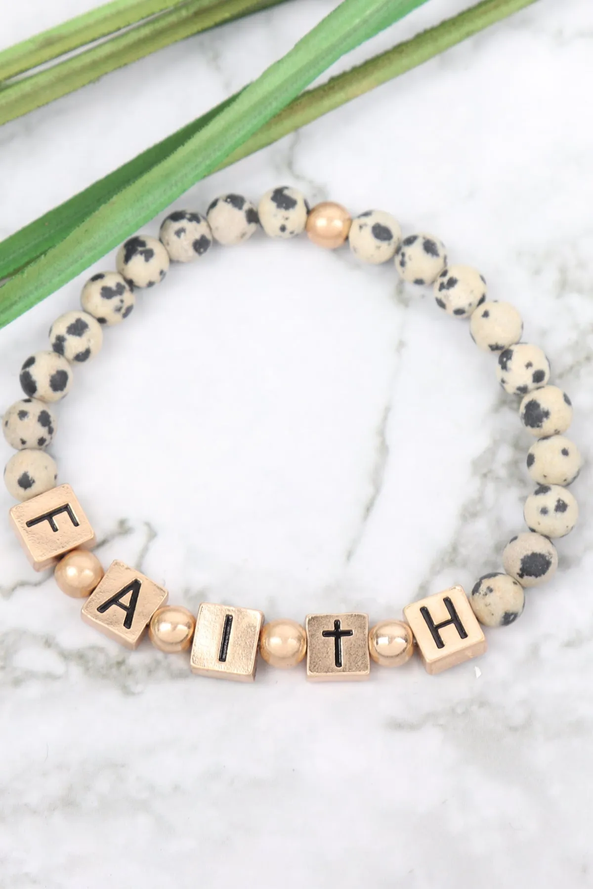 QB2147 - "FAITH" METAL BLOCK NATURAL STONE STRETCH BRACELET