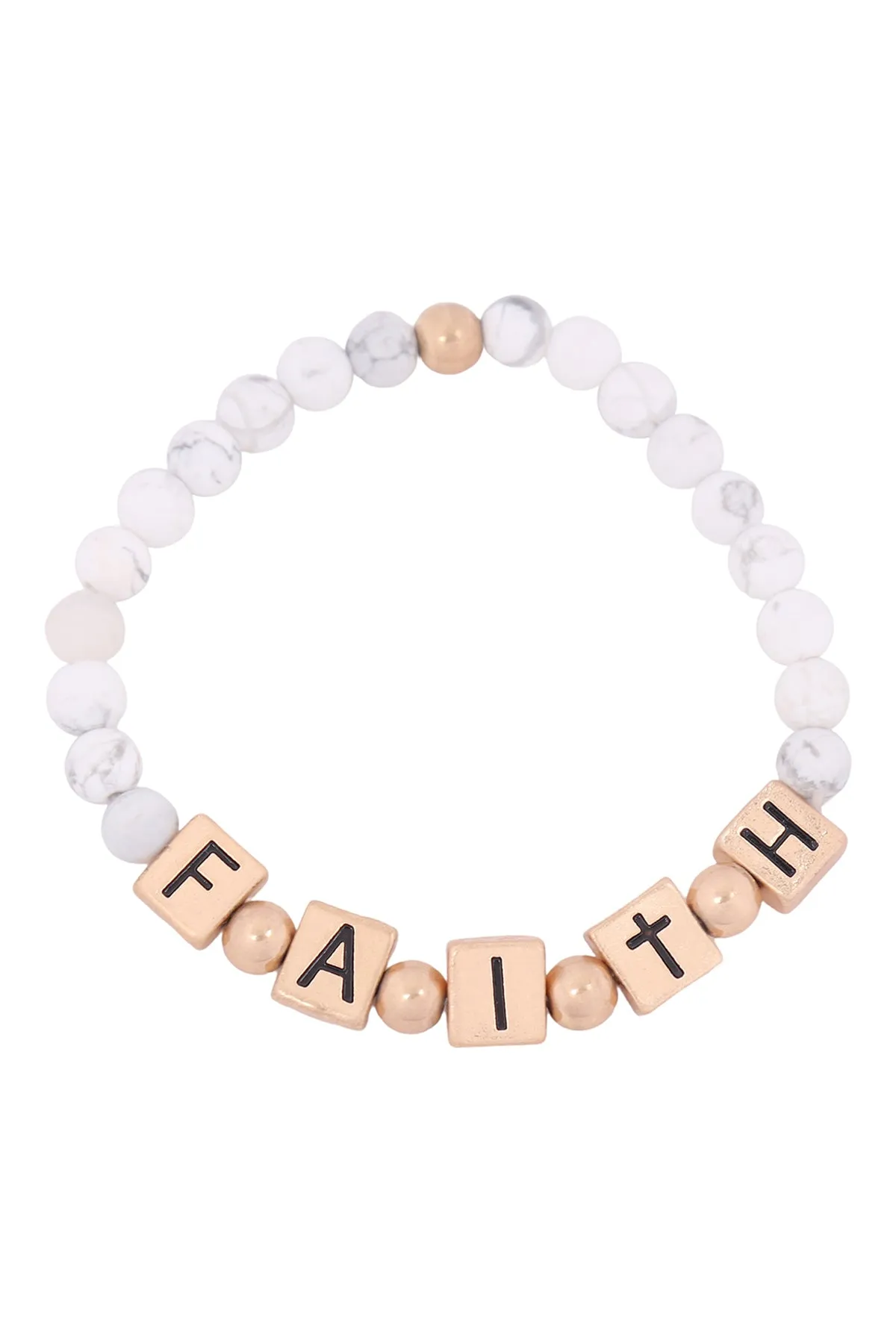 QB2147 - "FAITH" METAL BLOCK NATURAL STONE STRETCH BRACELET