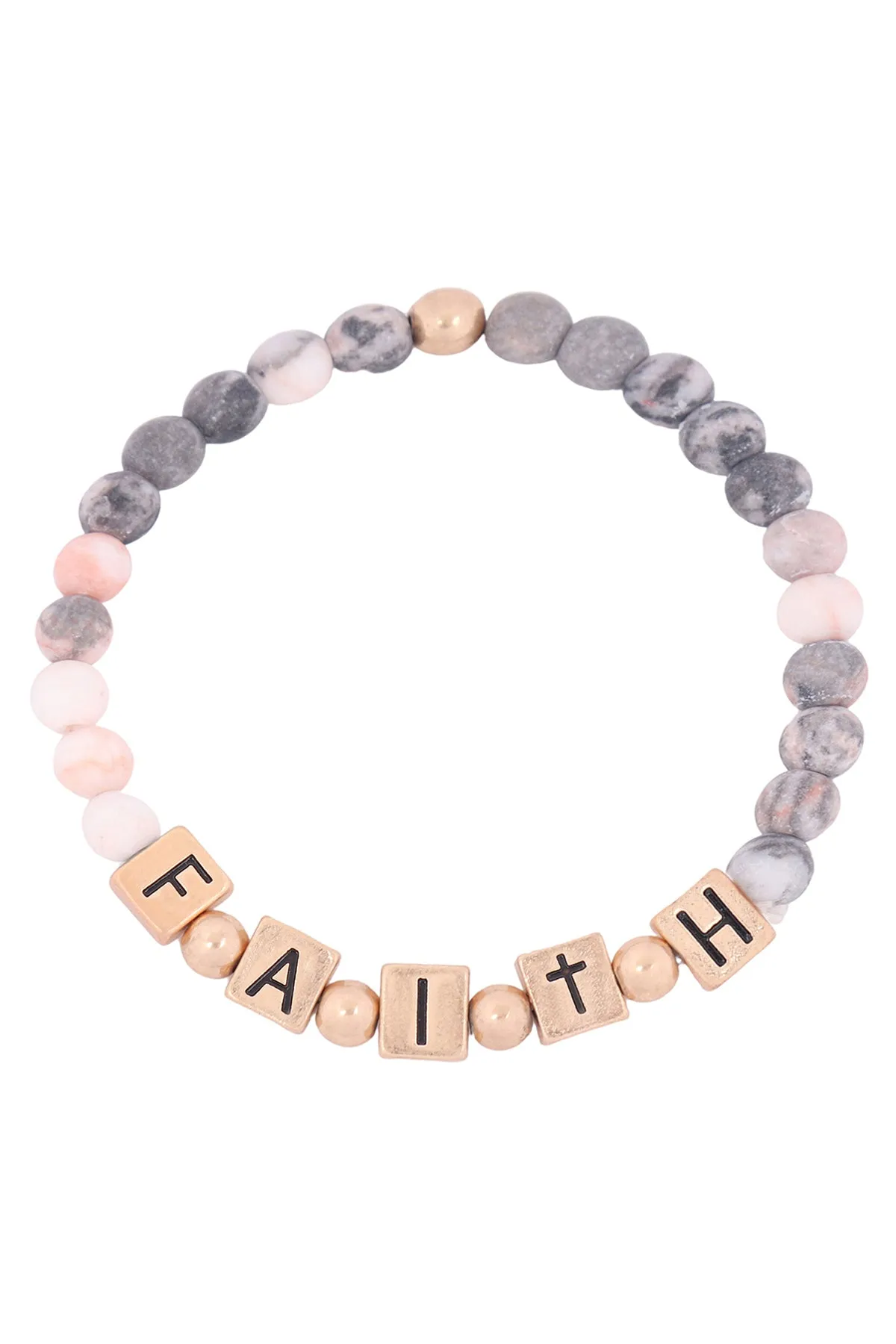 QB2147 - "FAITH" METAL BLOCK NATURAL STONE STRETCH BRACELET