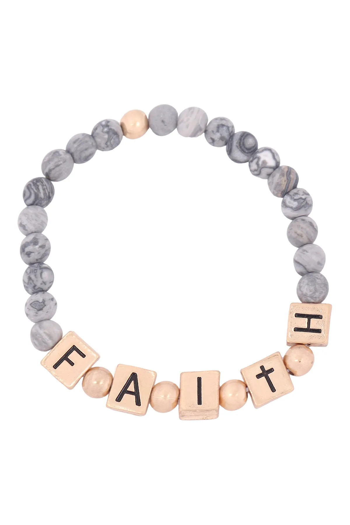 QB2147 - "FAITH" METAL BLOCK NATURAL STONE STRETCH BRACELET