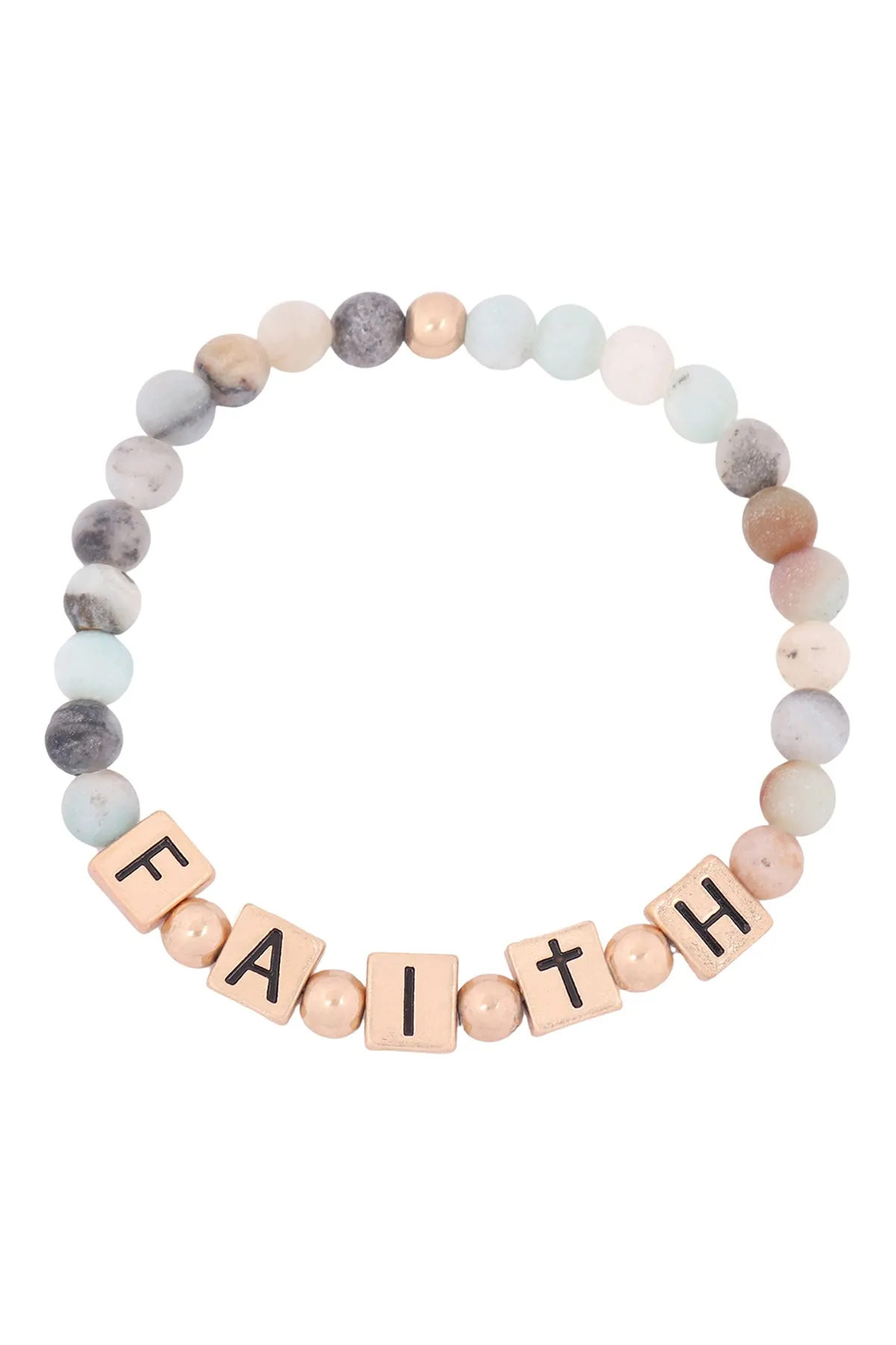 QB2147 - "FAITH" METAL BLOCK NATURAL STONE STRETCH BRACELET