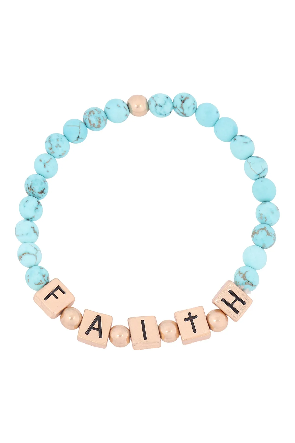 QB2147 - "FAITH" METAL BLOCK NATURAL STONE STRETCH BRACELET