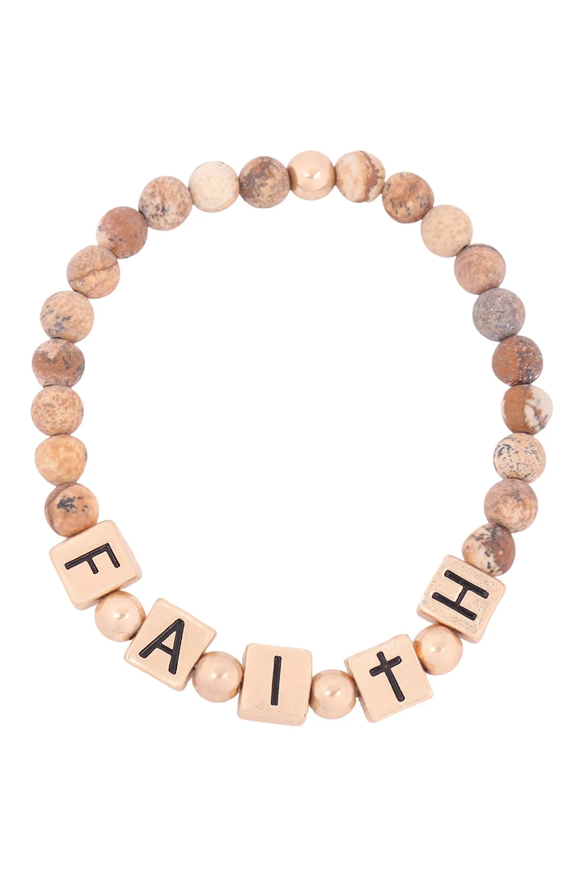 QB2147 - "FAITH" METAL BLOCK NATURAL STONE STRETCH BRACELET