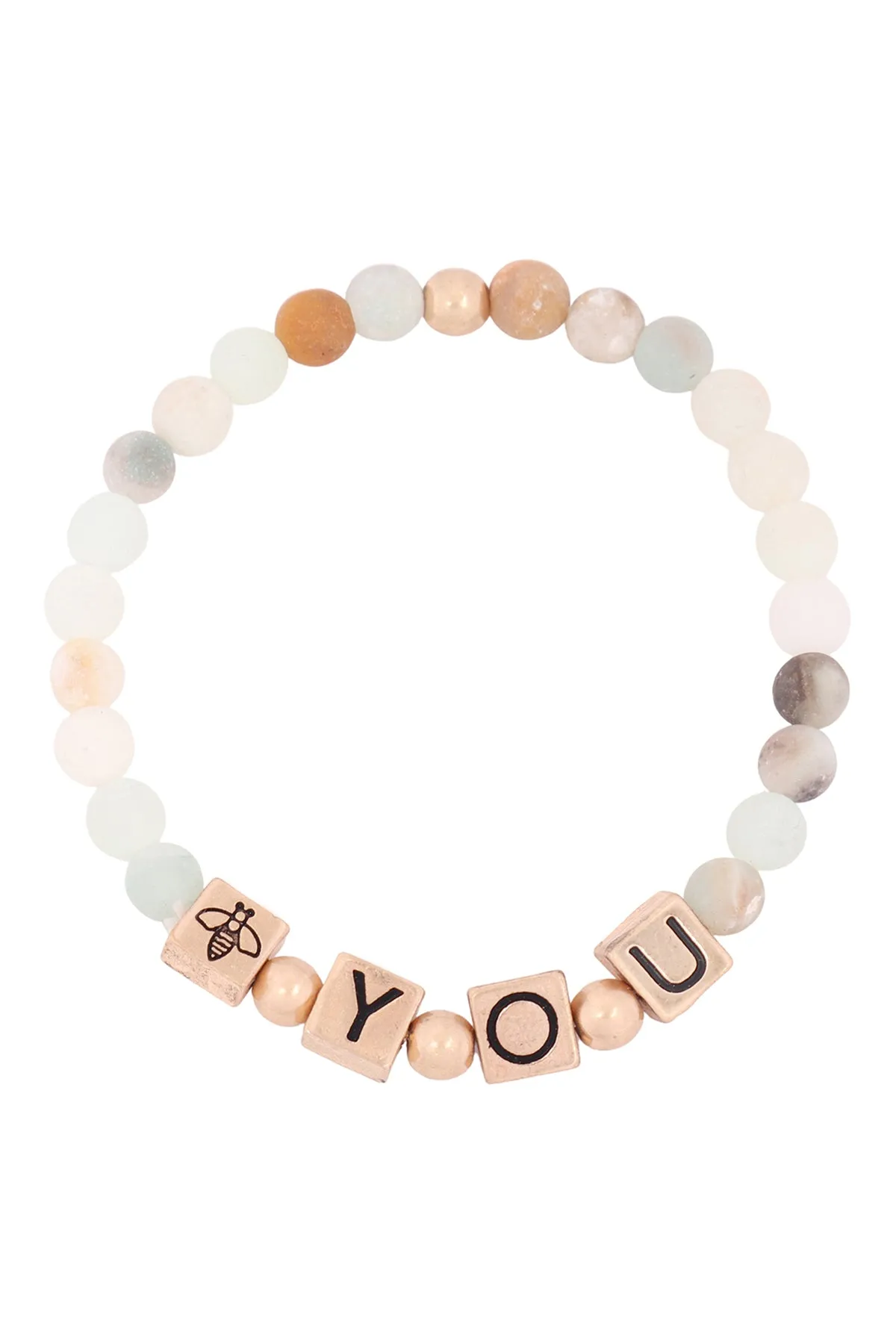 QB2148 - "Y.O.U." METAL BLOCK NATURAL STONE STRETCH BRACELET