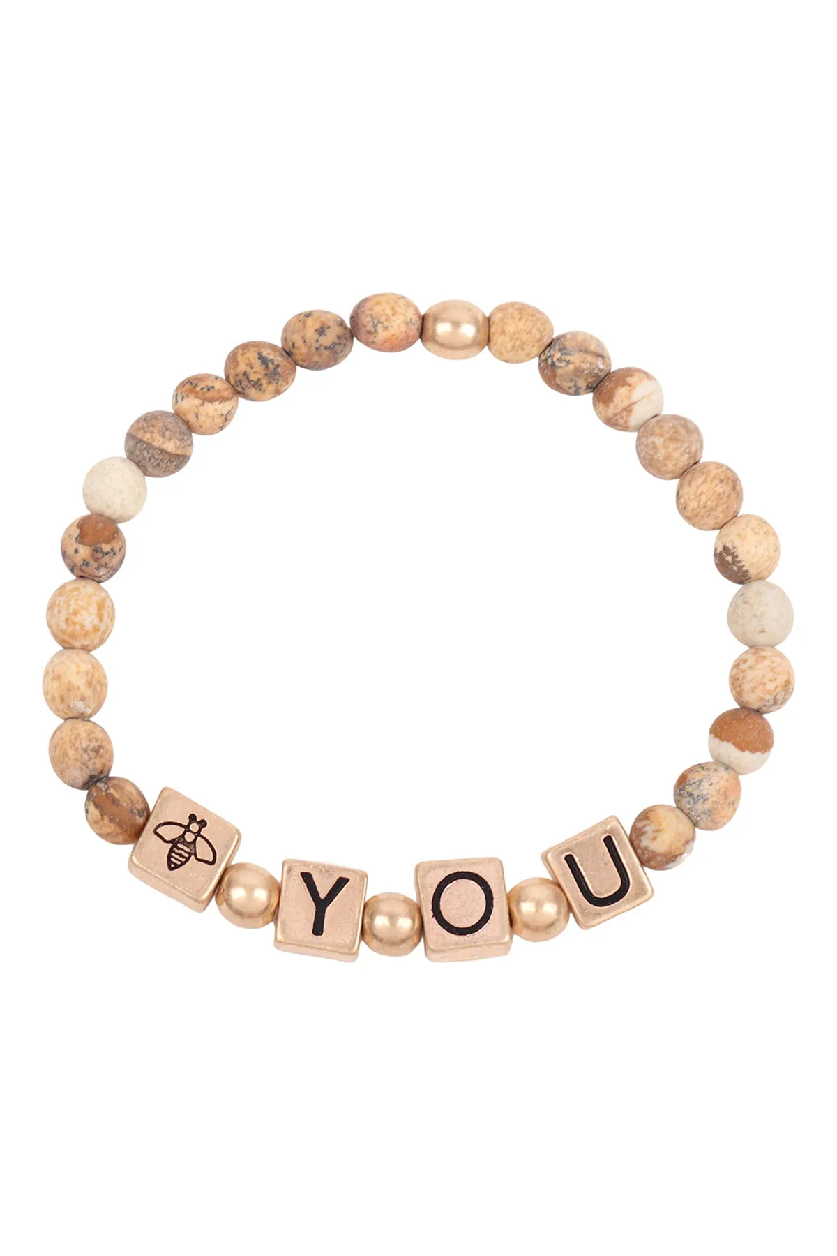 QB2148 - "Y.O.U." METAL BLOCK NATURAL STONE STRETCH BRACELET