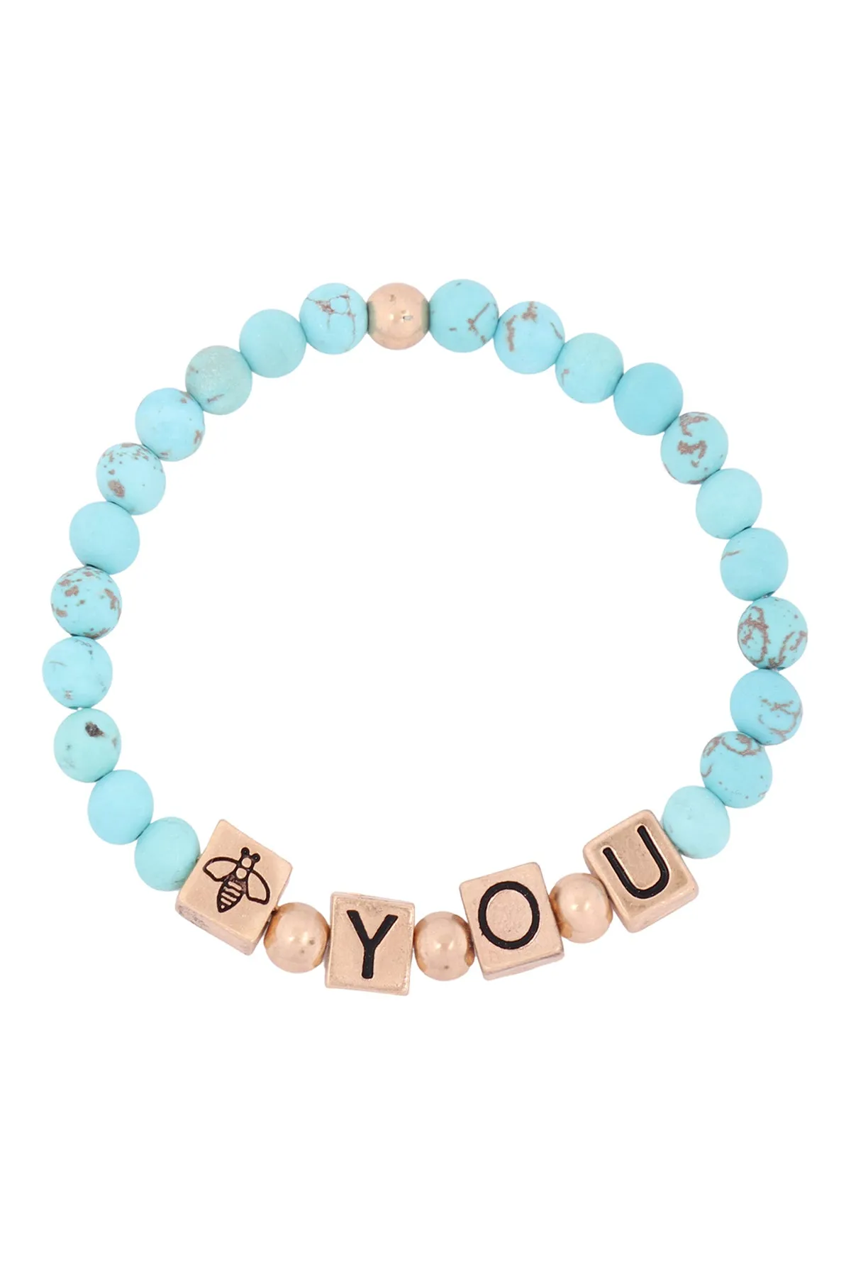 QB2148 - "Y.O.U." METAL BLOCK NATURAL STONE STRETCH BRACELET