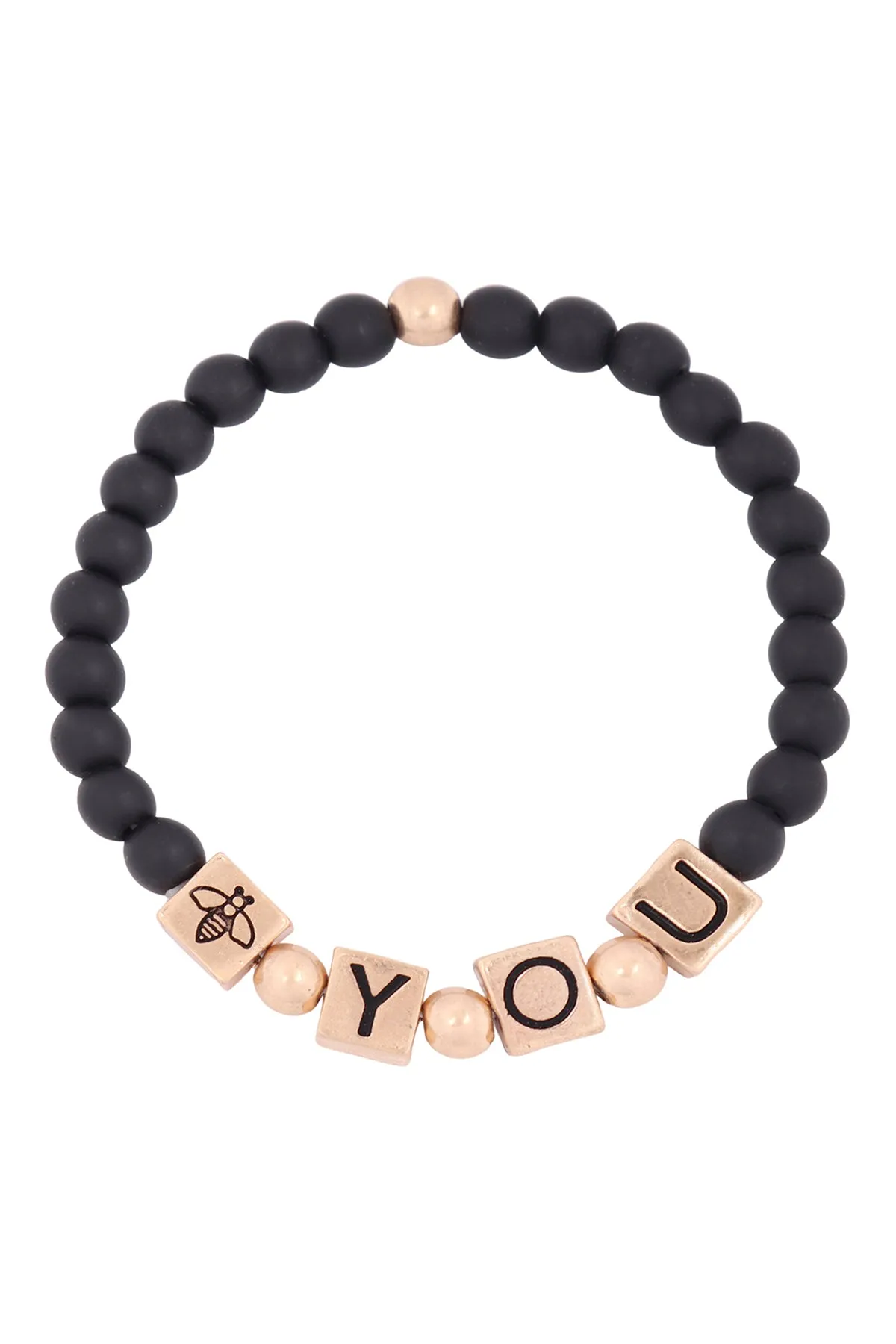 QB2148 - "Y.O.U." METAL BLOCK NATURAL STONE STRETCH BRACELET