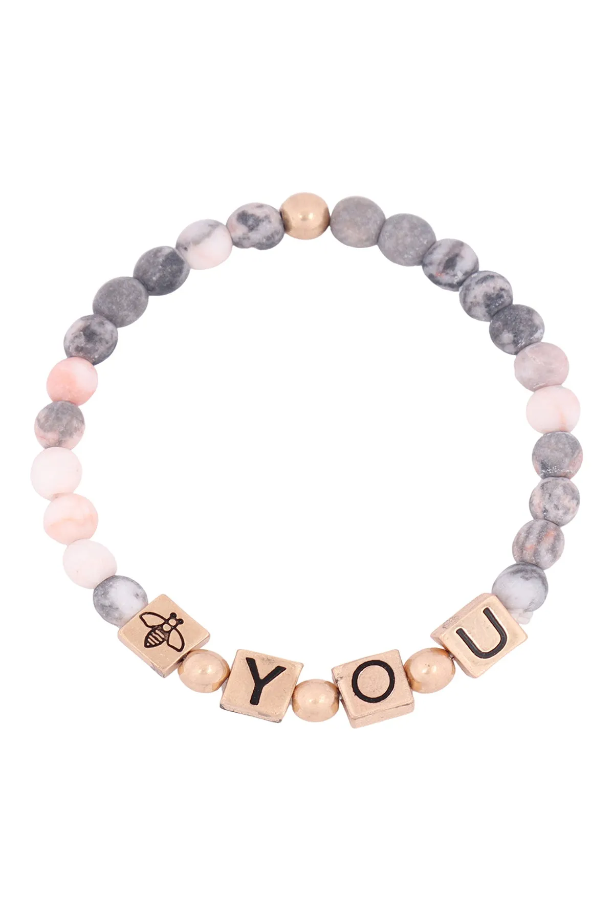 QB2148 - "Y.O.U." METAL BLOCK NATURAL STONE STRETCH BRACELET