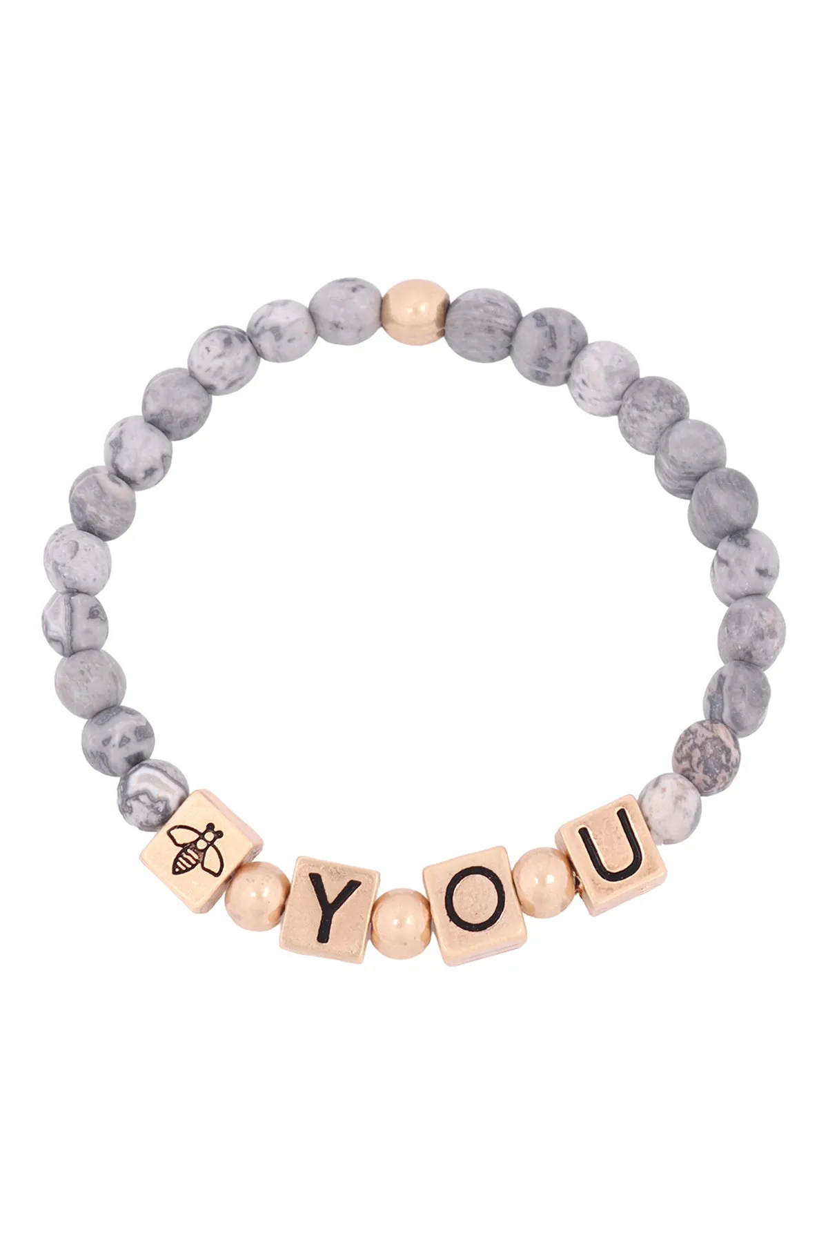 QB2148 - "Y.O.U." METAL BLOCK NATURAL STONE STRETCH BRACELET