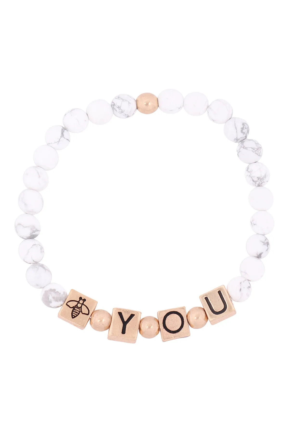 QB2148 - "Y.O.U." METAL BLOCK NATURAL STONE STRETCH BRACELET