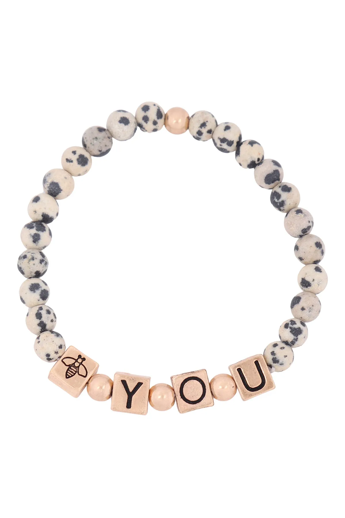 QB2148 - "Y.O.U." METAL BLOCK NATURAL STONE STRETCH BRACELET