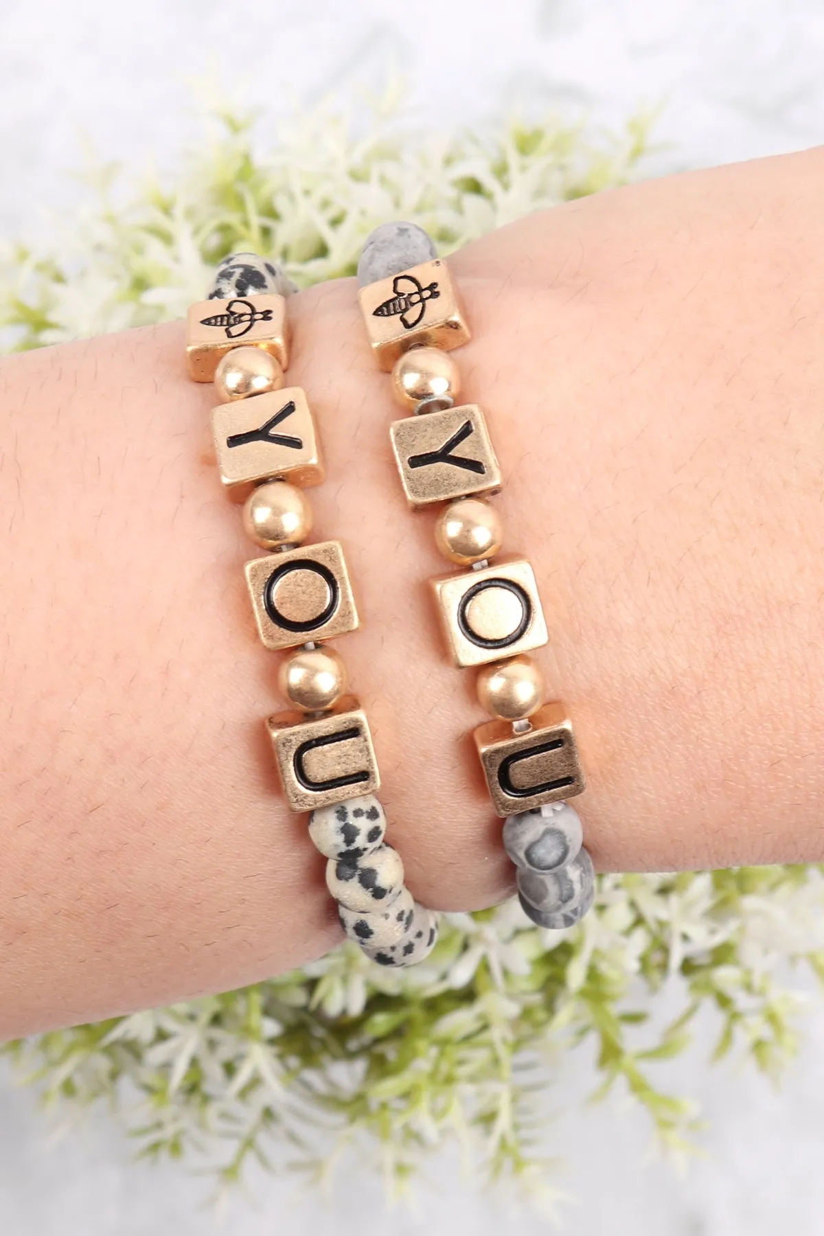 QB2148 - "Y.O.U." METAL BLOCK NATURAL STONE STRETCH BRACELET