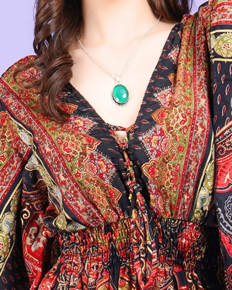 Radiant ember bohemian flared sleeve mini dress
