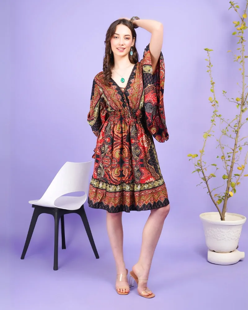 Radiant ember bohemian flared sleeve mini dress
