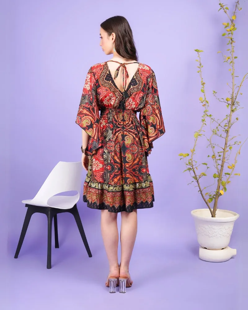 Radiant ember bohemian flared sleeve mini dress
