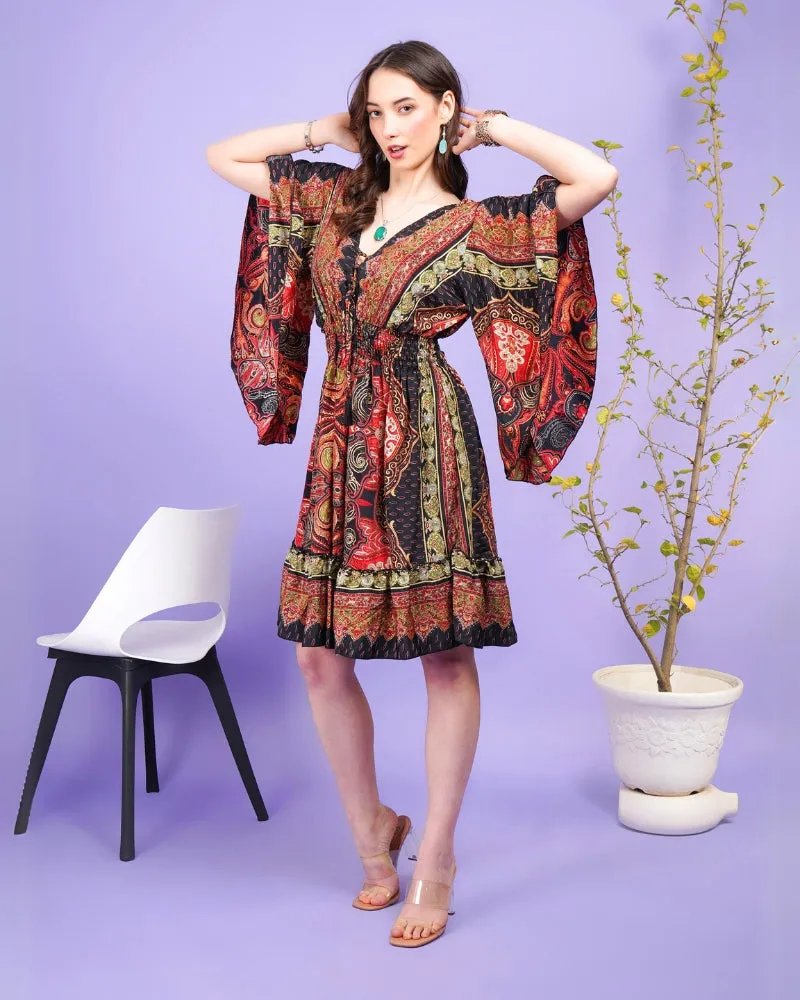 Radiant ember bohemian flared sleeve mini dress