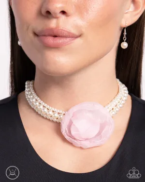 Radiant Rosette - Pink - Tulle Flower White Pearl Paparazzi Choker Necklace