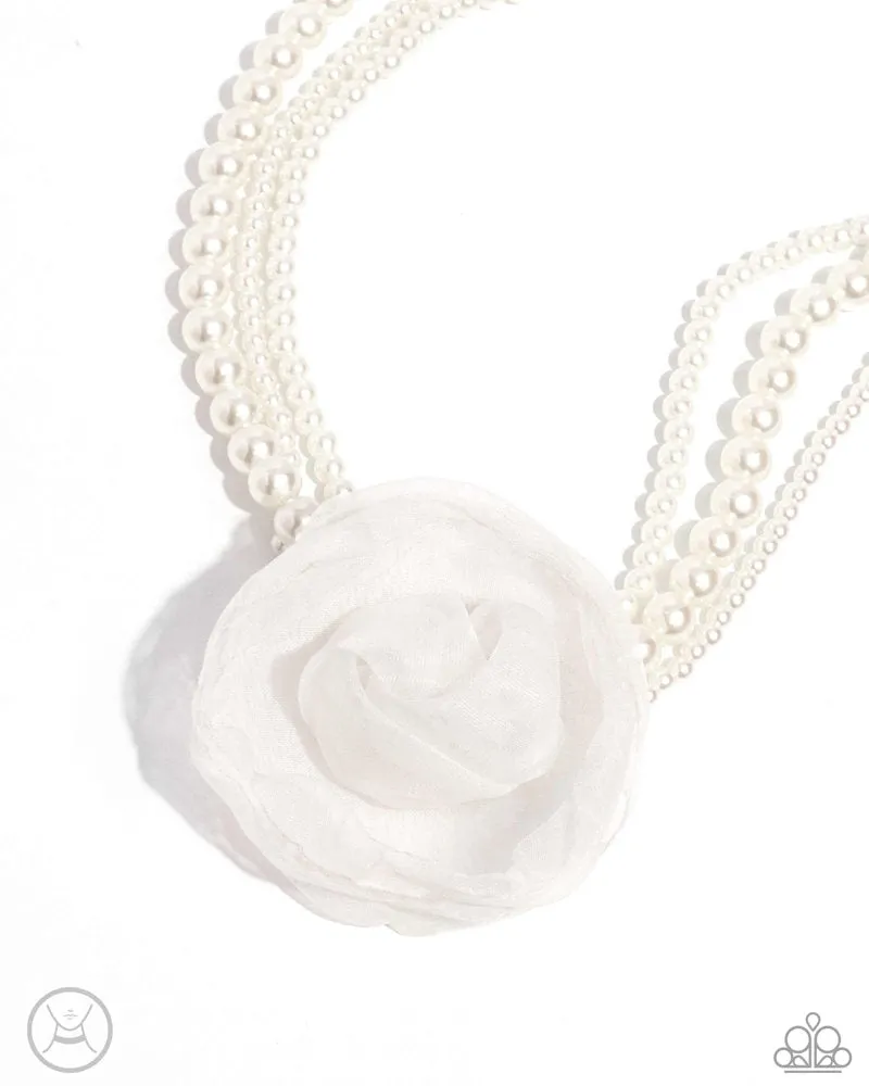 Radiant Rosette - White - Chiffon Flower Pearl Paparazzi Choker Necklace - 2024 Summer Party Pack Exclusive