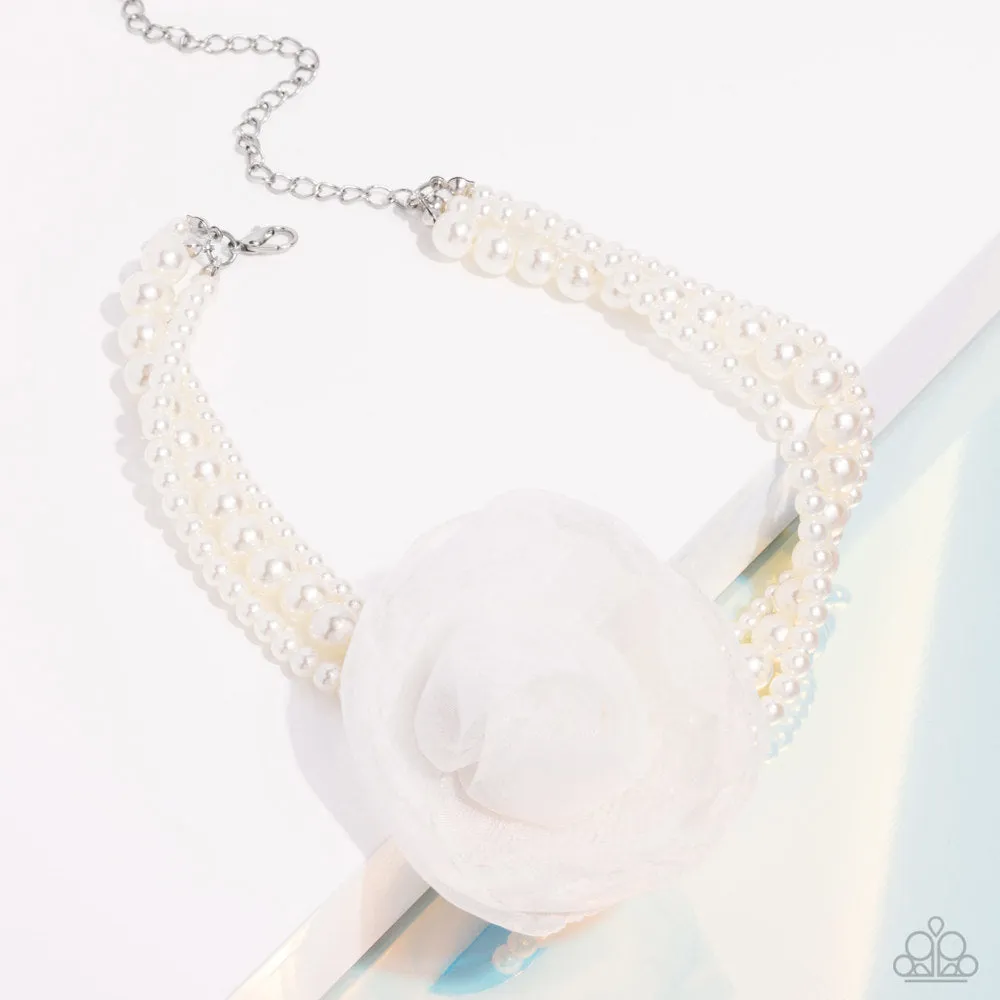 Radiant Rosette - White - Chiffon Flower Pearl Paparazzi Choker Necklace - 2024 Summer Party Pack Exclusive