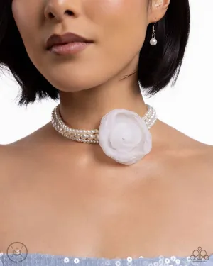 Radiant Rosette - White - Chiffon Flower Pearl Paparazzi Choker Necklace - 2024 Summer Party Pack Exclusive
