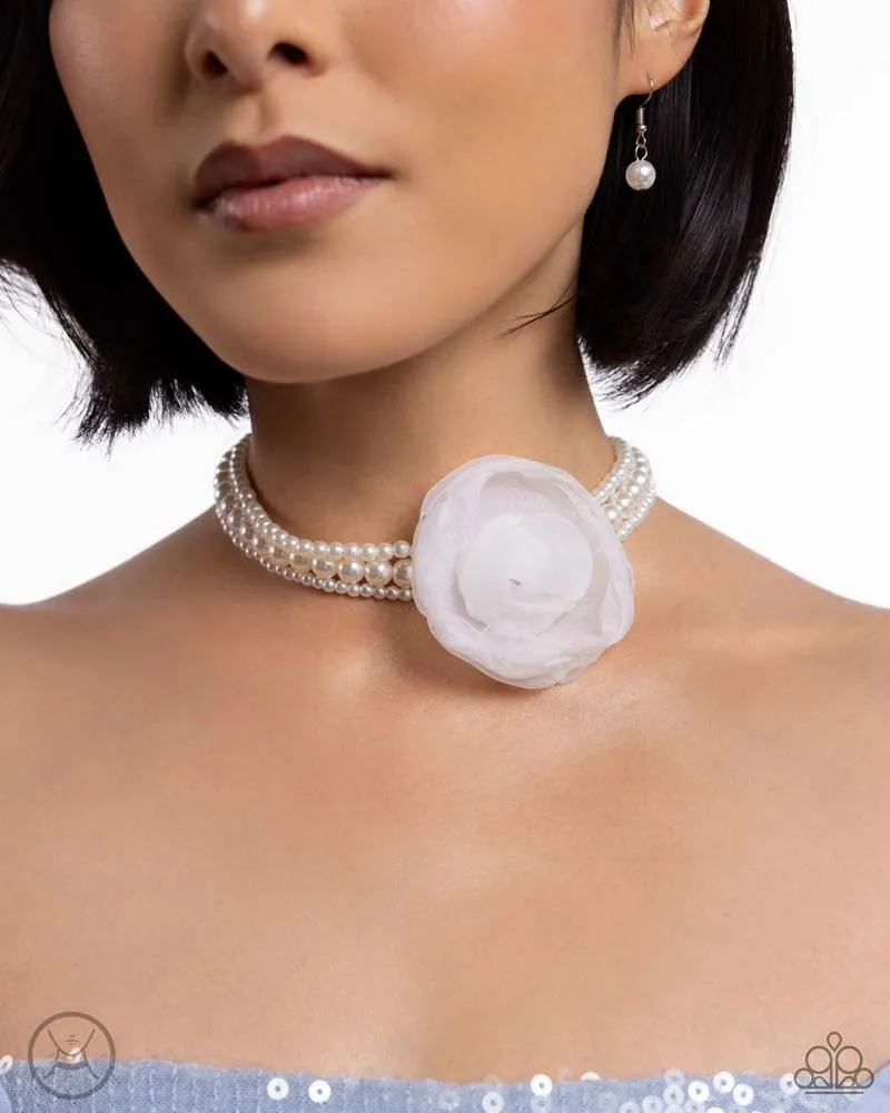 Radiant Rosette - White - Chiffon Flower Pearl Paparazzi Choker Necklace - 2024 Summer Party Pack Exclusive