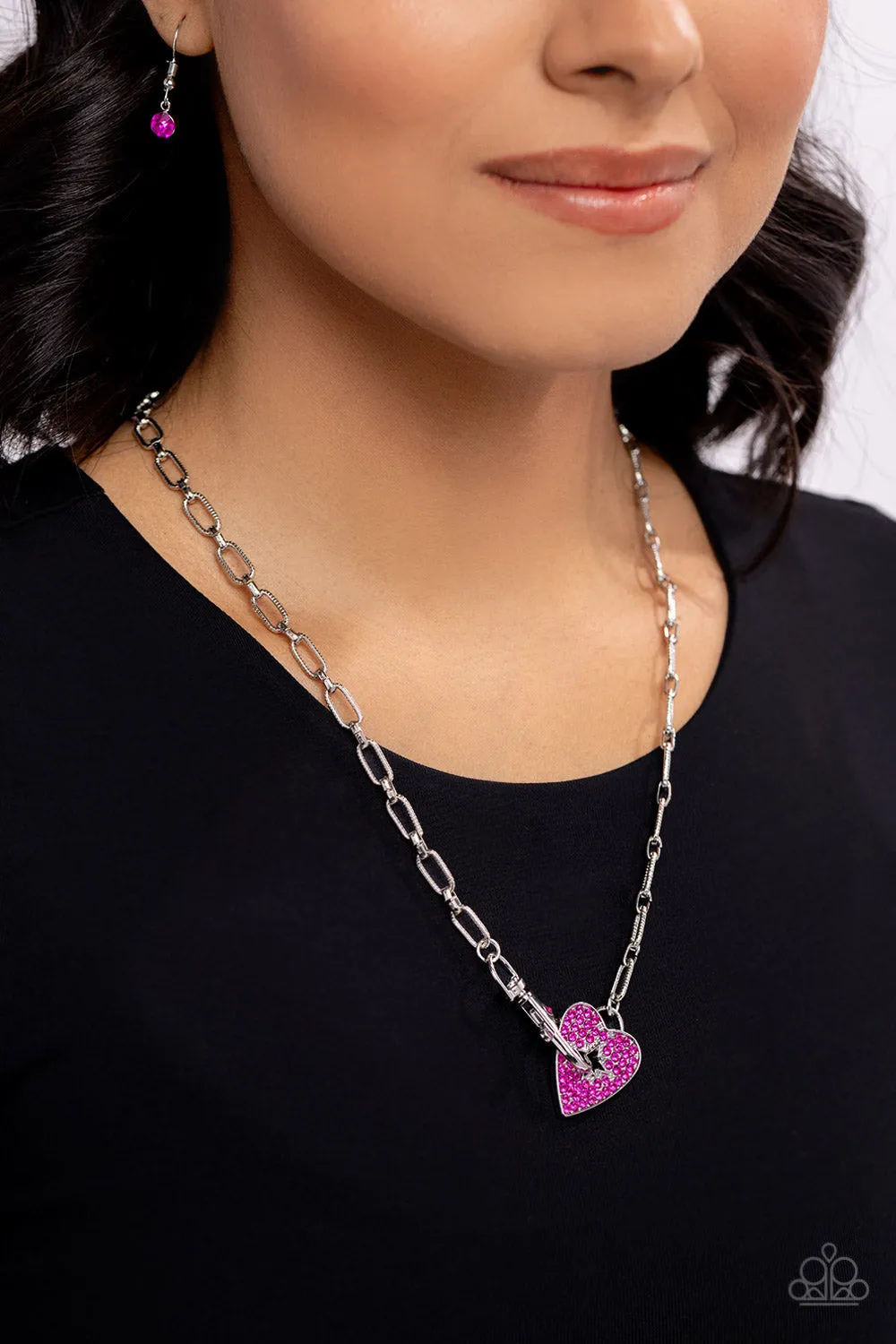Radical Romance - Pink - Rhinestone Heart Lobster Claw Center Paparazzi Short Necklace