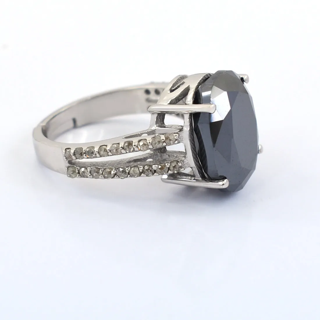 RARE! 7 Ct Gorgeous Black Diamond Ring in 925 Silver with Rose Cut Diamond Accents, Ideal Gift
