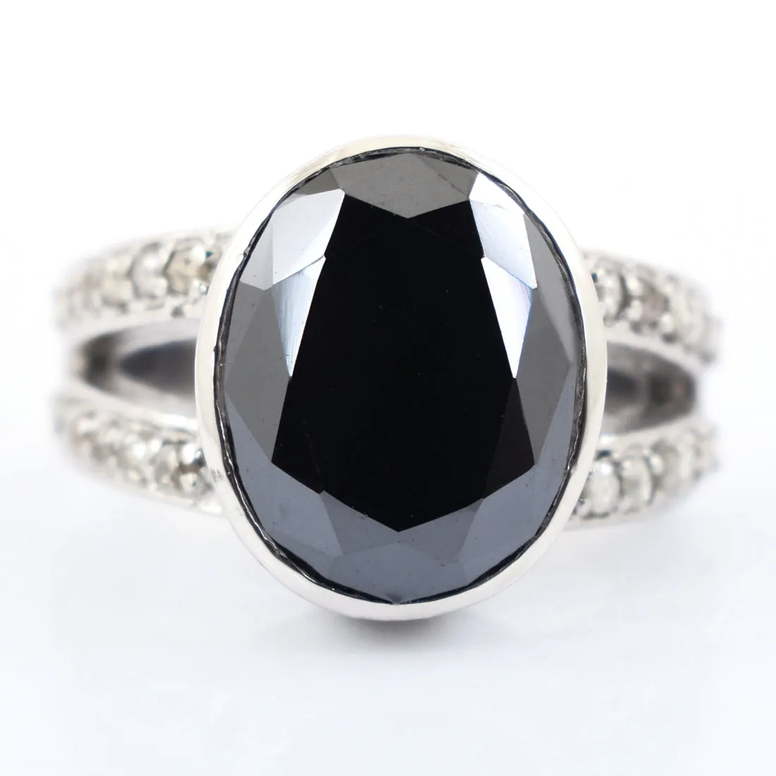 RARE! 9.50 Ct Amazing Black Diamond Ring With Rose Cut Diamond Accents, Great Sparkle & Very Elegant
