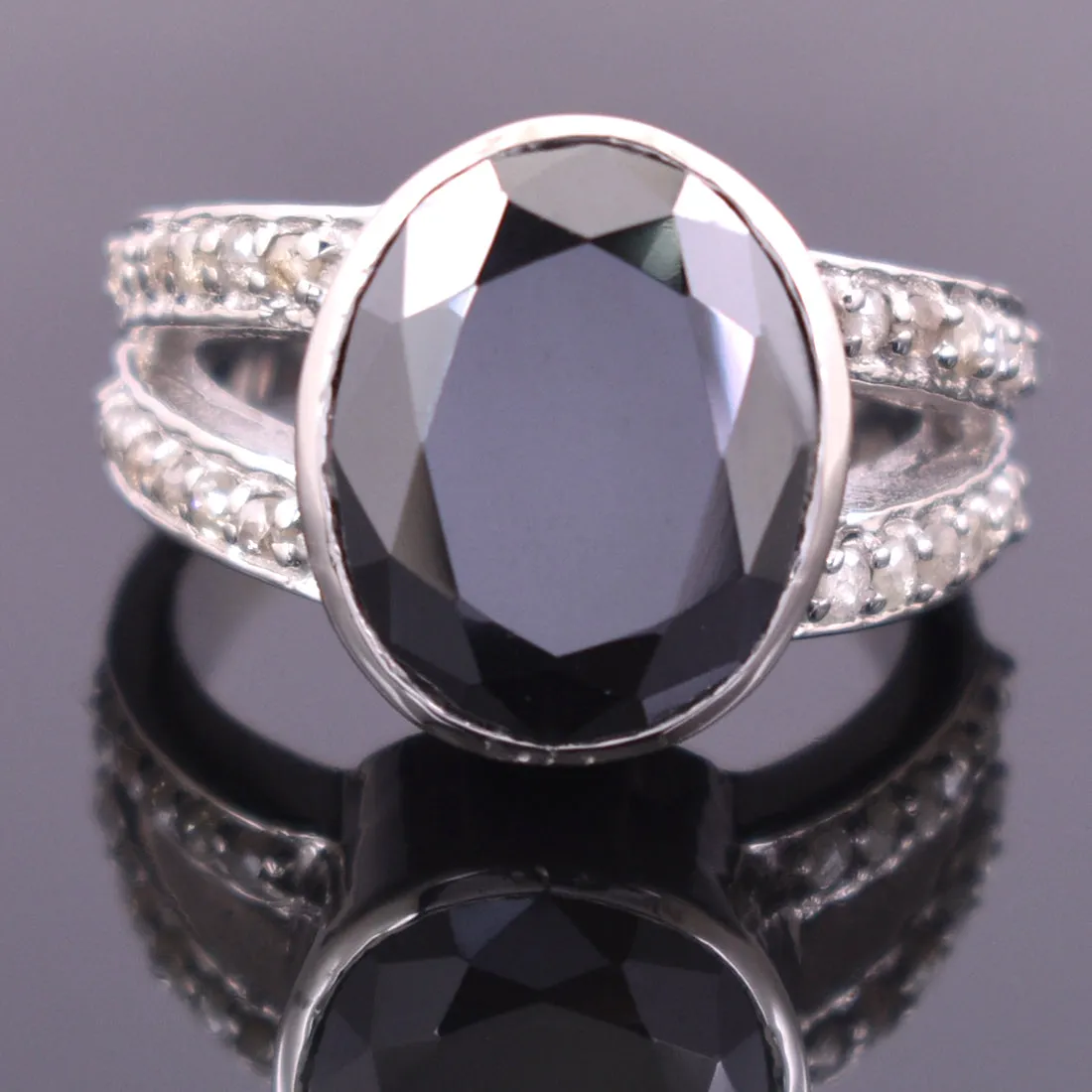 RARE! 9.50 Ct Amazing Black Diamond Ring With Rose Cut Diamond Accents, Great Sparkle & Very Elegant