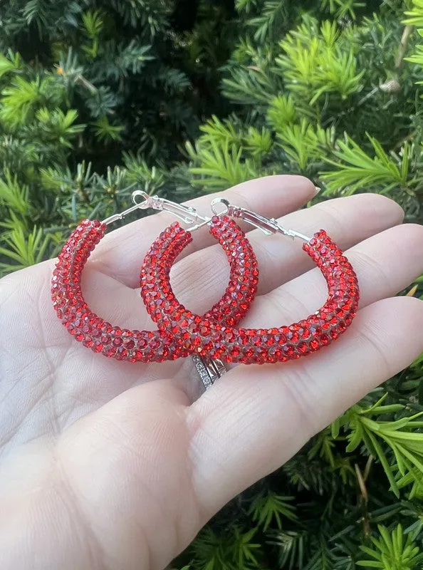 Red Glitter Hoop Earrings Independence Day