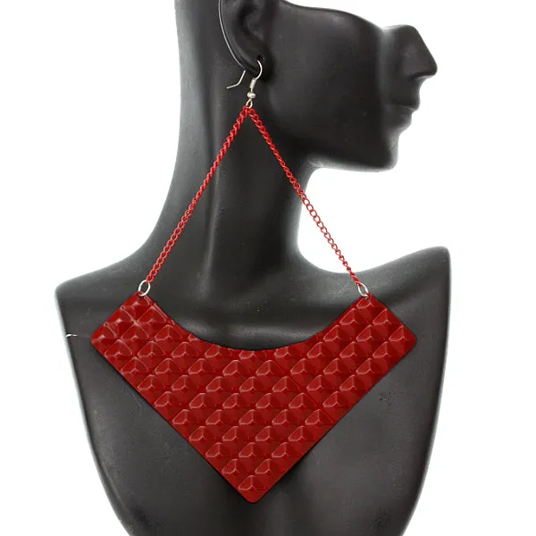 Red Large Pyramid Textured Chain Earrings