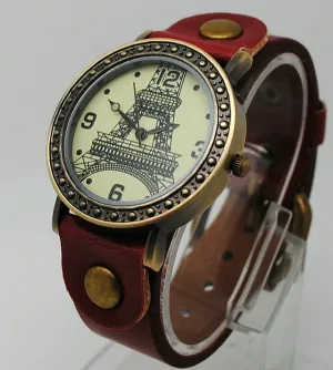 Retro Fashion Quartz Watch Leather Women Vintage Watches Casual Lady Wristwatches Eiffel Tower Wrist