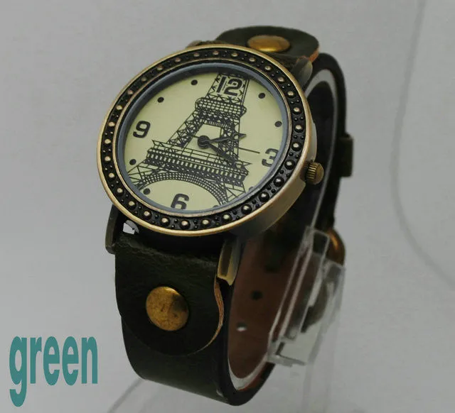Retro Fashion Quartz Watch Leather Women Vintage Watches Casual Lady Wristwatches Eiffel Tower Wrist