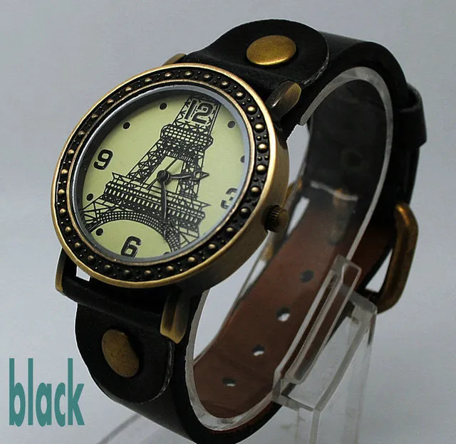 Retro Fashion Quartz Watch Leather Women Vintage Watches Casual Lady Wristwatches Eiffel Tower Wrist