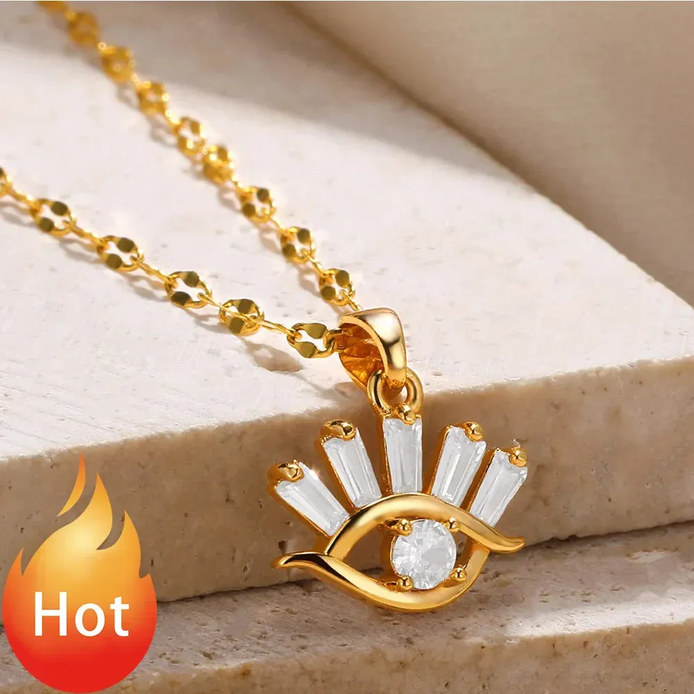 Rhinestone Rose Choker Shiny Zircon Sunrise Necklace For Women Gold Color Collar Evil Eyes Jewelry Y2k