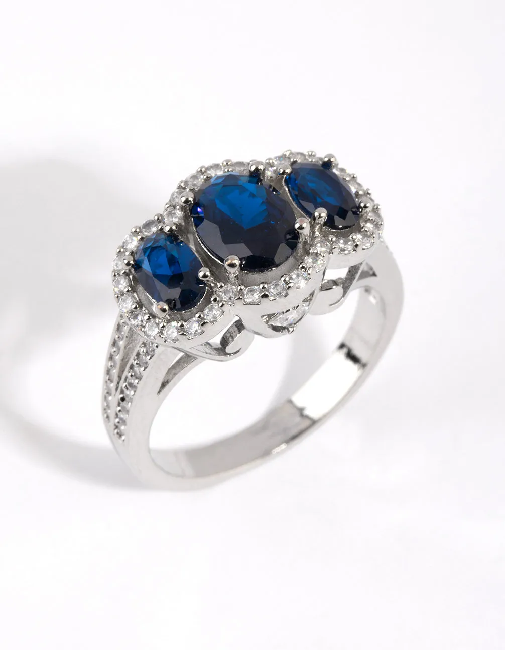 Rhodium Sapphire Cubic Zirconia Triple Stone Ring