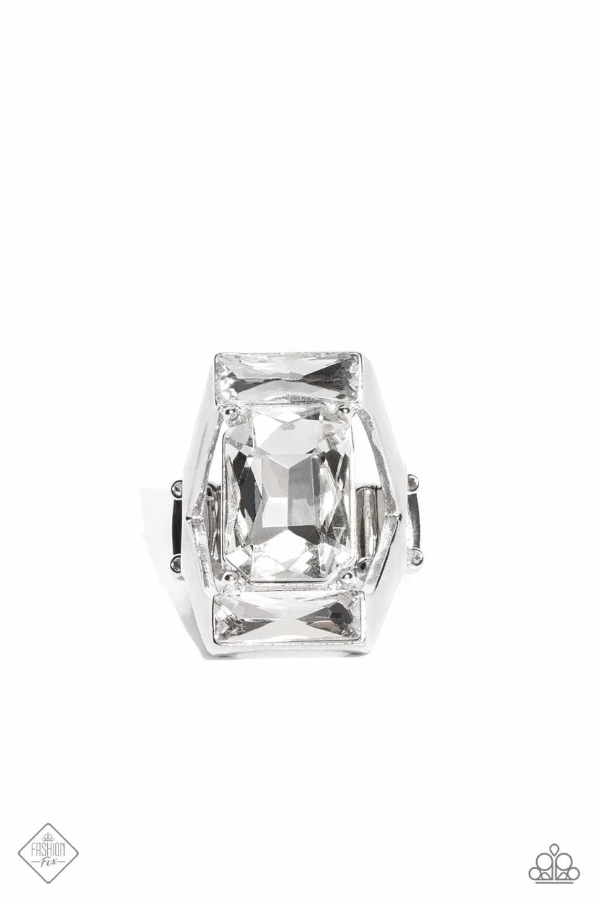 Right as CHAIN - White - Oversized Emerald Cut Gem Paparazzi Ring - March 2023 Magnificent Musings