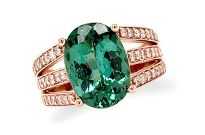 Ring 14kt Gold Oval Green Tourmaline & Diamonds Split Shank