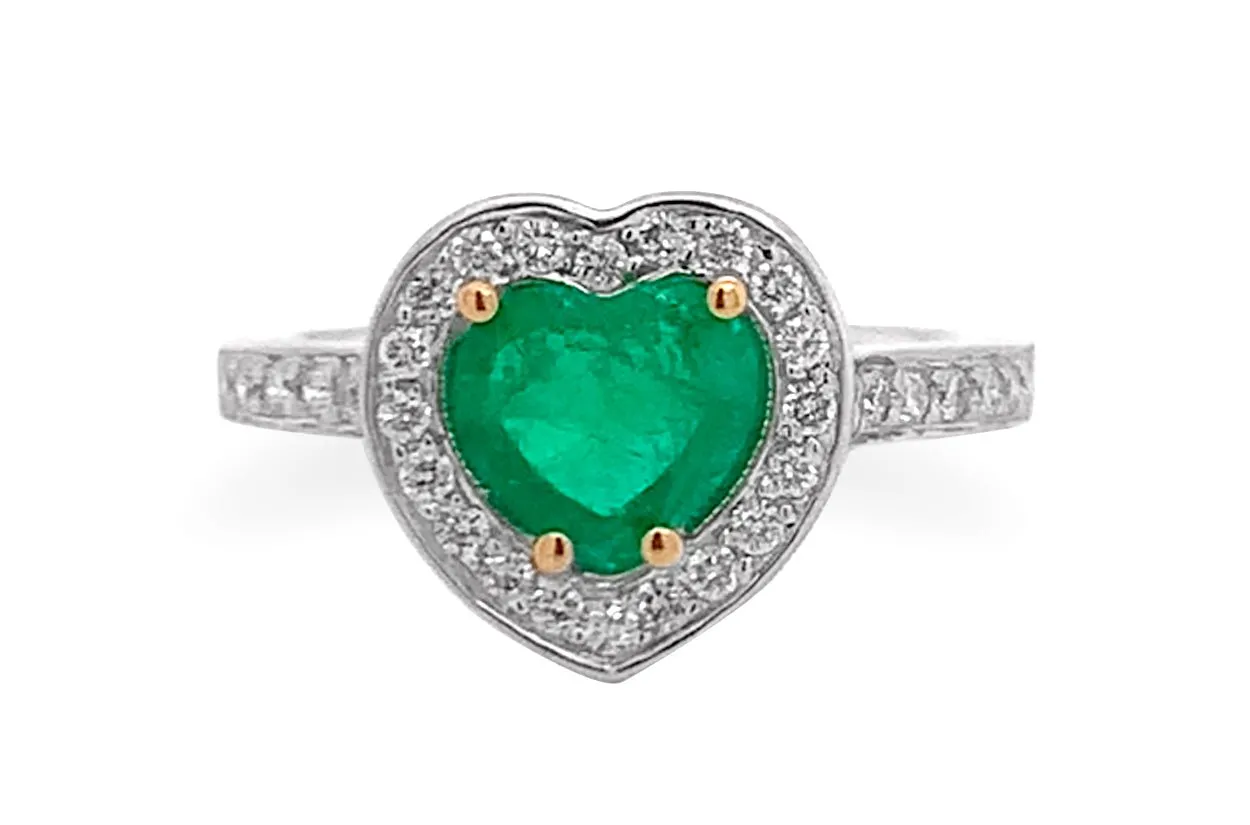 Ring 18kt Gold Emerald Heart & Diamonds