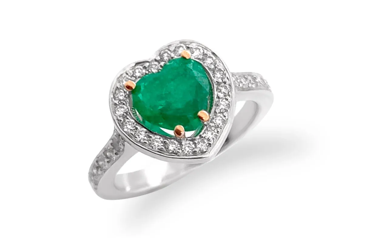 Ring 18kt Gold Emerald Heart & Diamonds