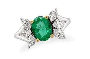 Ring 18kt Gold Majestic GIA Oval Emerald & Marquise Diamonds