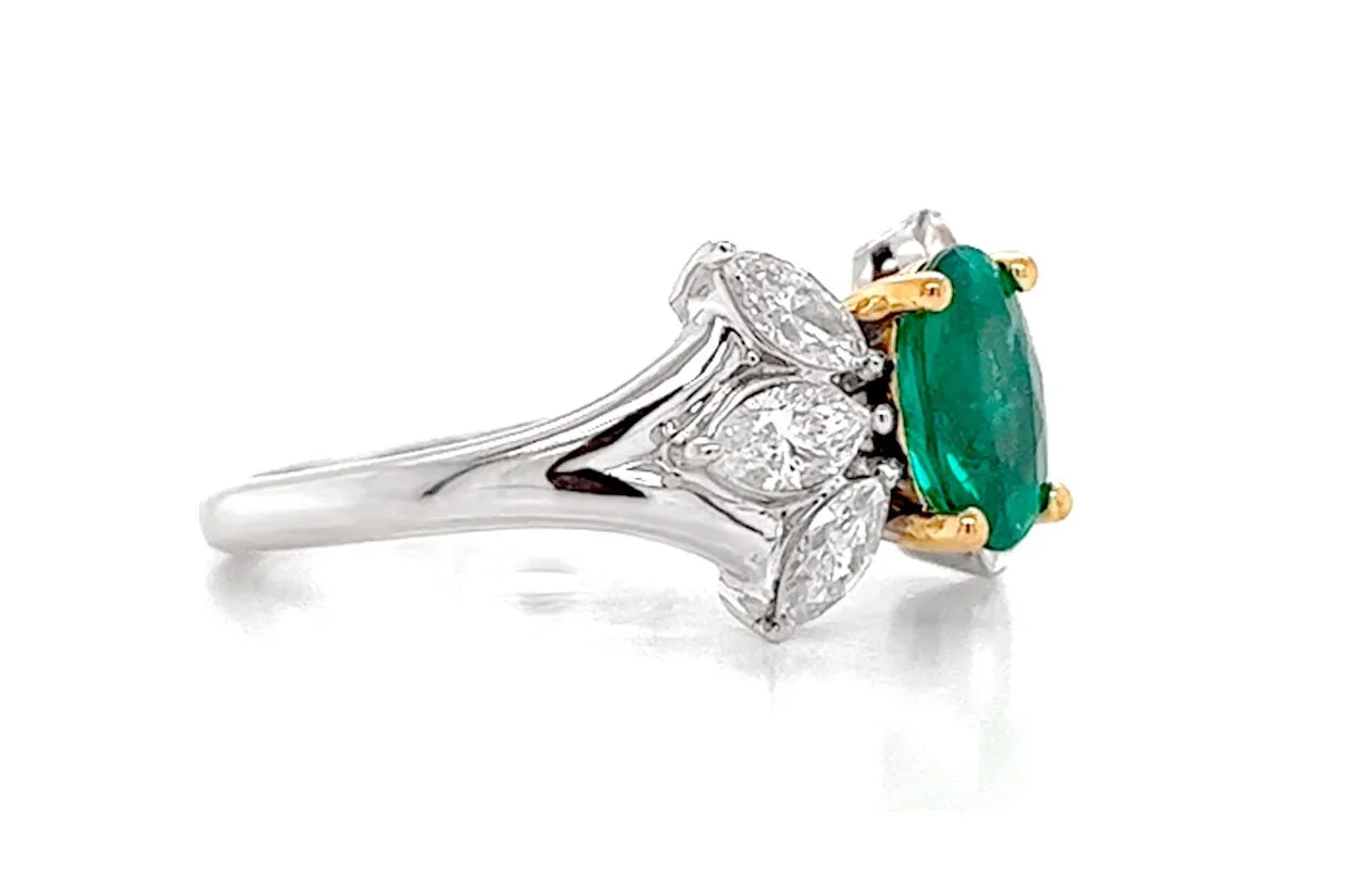 Ring 18kt Gold Majestic GIA Oval Emerald & Marquise Diamonds