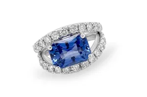 Ring 18kt White Gold Ceylon Sapphire & Double-Row Diamonds