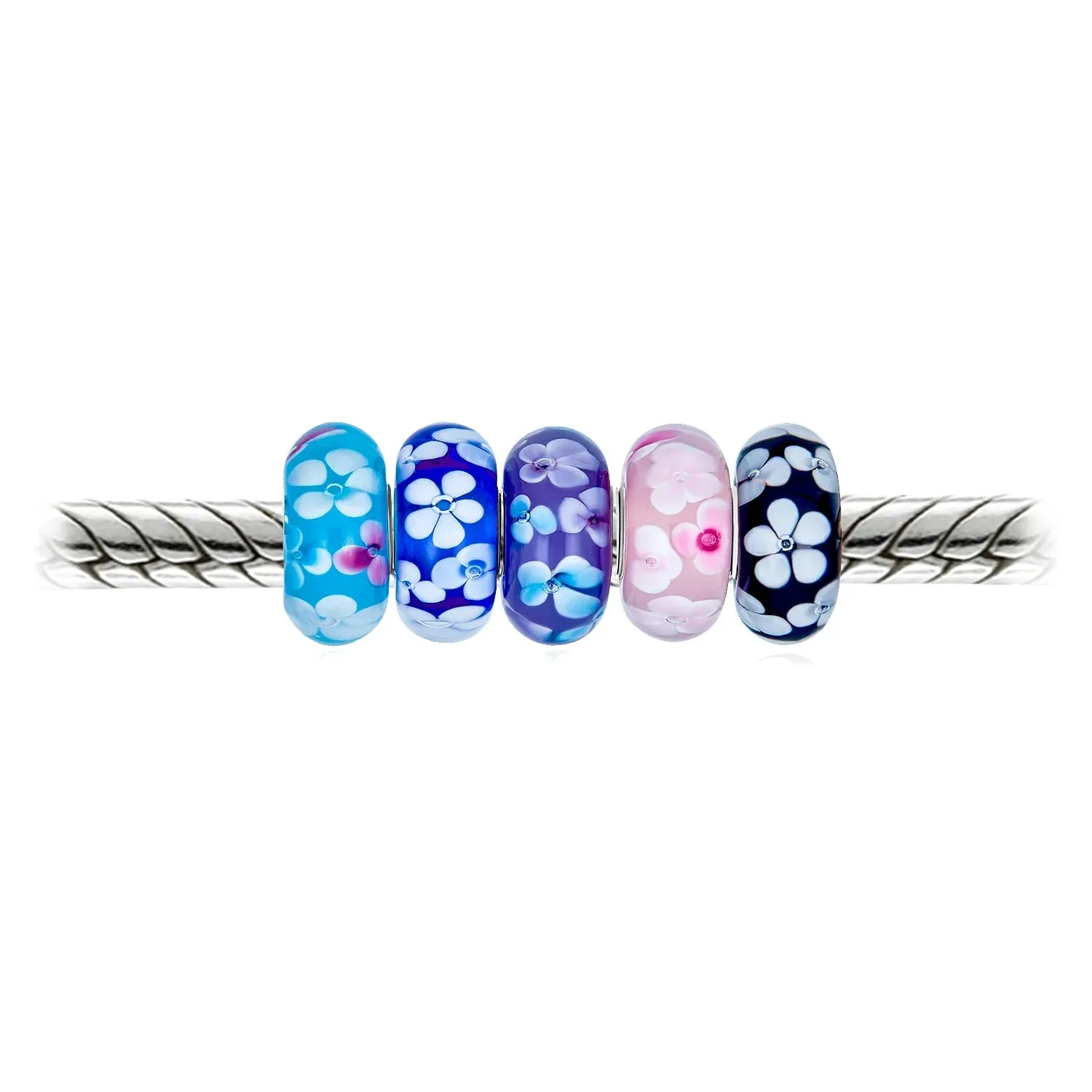 Romantic Mixed Set 5 Sterling Silver Core Murano Glass Charm Beads for Bracelets