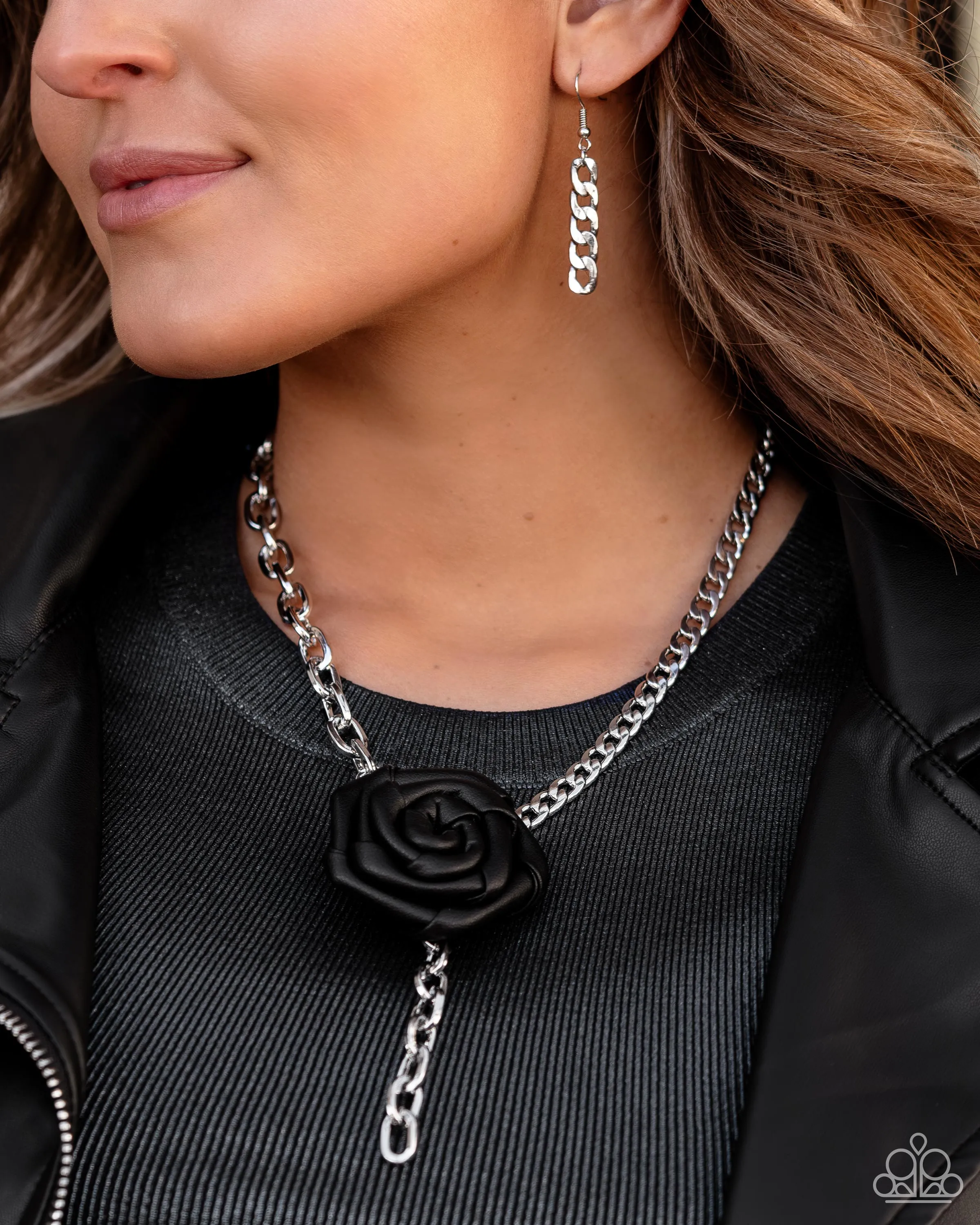 ROSE and Cons - Black - Leather Flower Silver Curb Chain Paparazzi Short Necklace - 2024 Empower Me Pink Exclusive