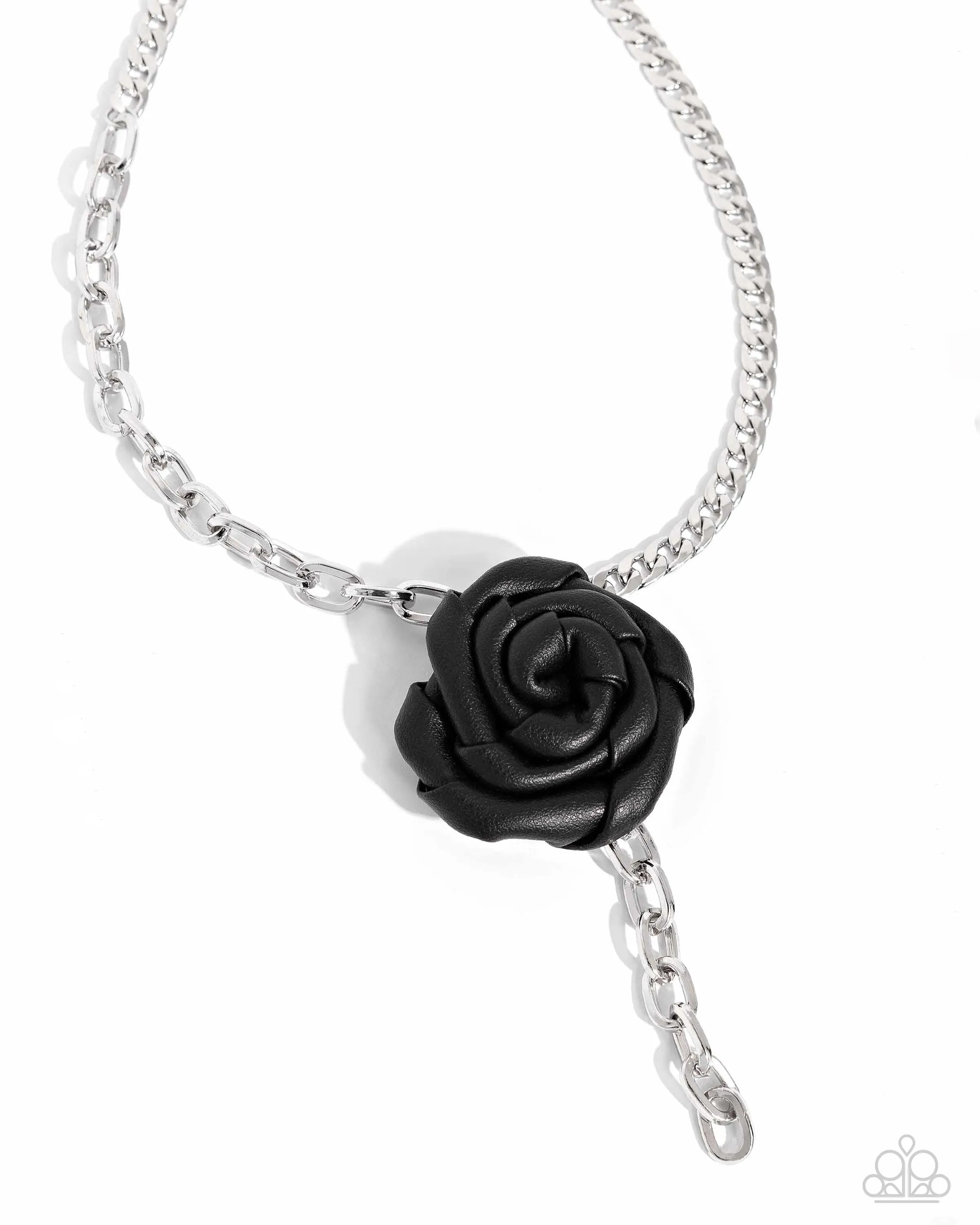 ROSE and Cons - Black - Leather Flower Silver Curb Chain Paparazzi Short Necklace - 2024 Empower Me Pink Exclusive